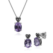Pendentif et Boucles d'Oreilles Clou Style Art Déco Argent 925 Améthyste Ovale et Marcassite