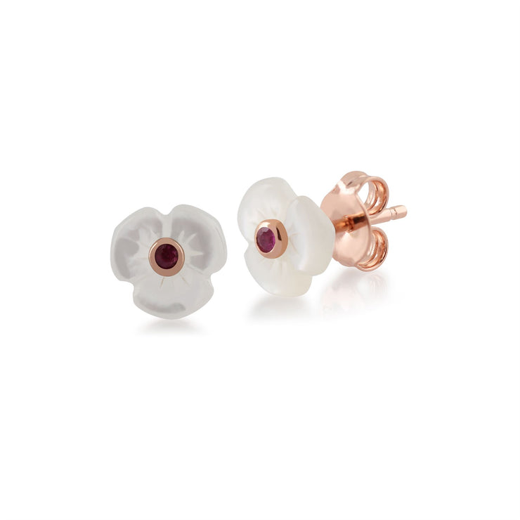 Boucles d'Oreilles Floral Coquelicot Argent 925 Plaqué Or Rose Nacre et Rubis