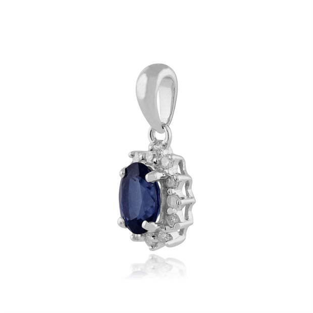 Pendentif Classique Or Blanc 375 Saphir Oval Bleu et serti de Diamant avec une chaîne de 45cm