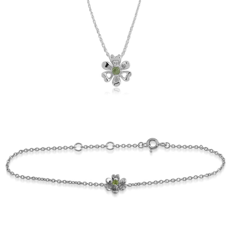 Bracelet et Pendentif Marguerite Style Floral Argent 925 Péridot Rond