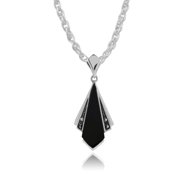 Pendentif Eventail Style Art Déco Argent 925 Onyx Noire et Marcassite