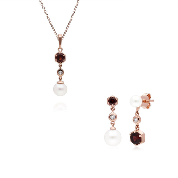 Pendentif et Boucles d'Oreilles Perle Moderne Argent 925 Plaqué Or Rose Grenat, Topaze et Perle