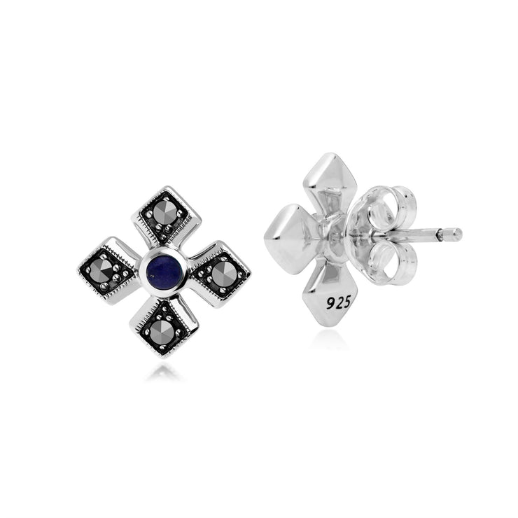 Boucles d'Oreilles Clou Croix Gothique Style Art Déco Argent 925 Lapis Lazuli et Marcassite