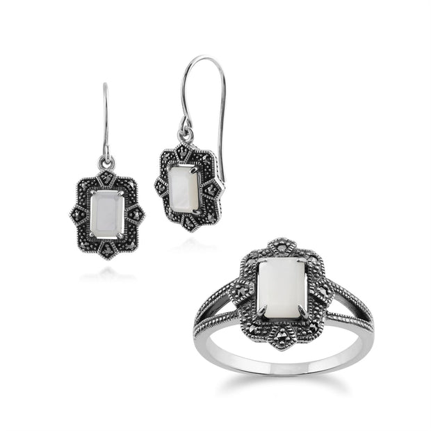 Boucles d'Oreilles Pendantes et Bague Style Art Déco Argent 925 Nacre Baguette et Marcassite sertis Clos