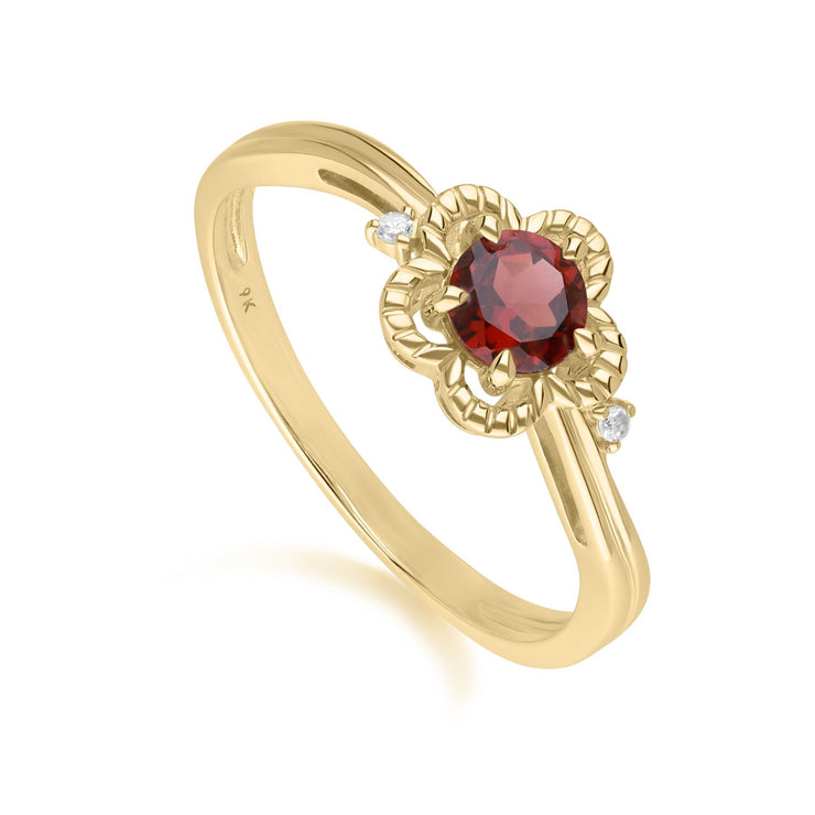 Bague Florale Or Jaune 375 avec Grenat et Diamant Ronds