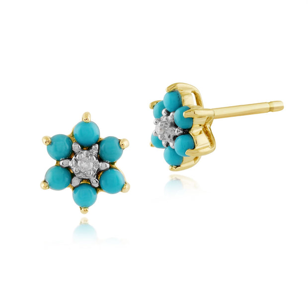 Boucles d'Oreilles Floral Or Jaune 375 Turquoise Rond et Diamant