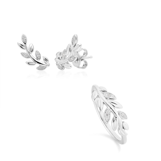 Bague et Boucles d'Oreilles Clou O Leaf Or Blanc 375 Diamant