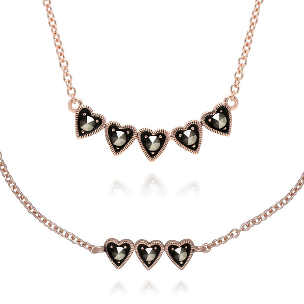 Bracelet et Collier Cœur Argent 925 Plaqué Or Rose Marcassite