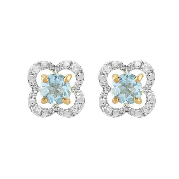 Boucles d'Oreilles Clou Aigue-Marine Classique Or Jaune 375 et Ear-Jacket Fleur Diamant