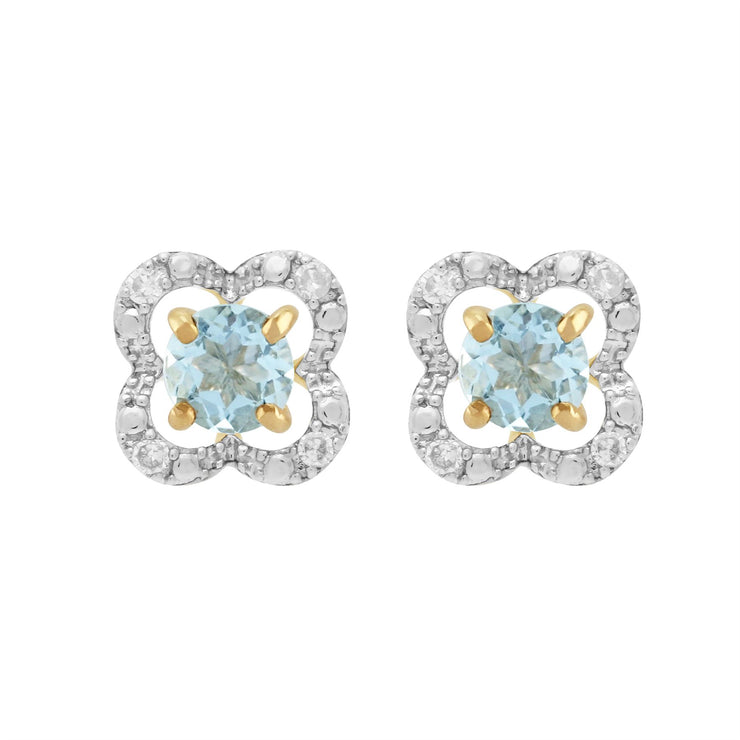 Boucles d'Oreilles Clou Aigue-Marine Classique Or Jaune 375 et Ear-Jacket Fleur Diamant