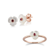 Bague et Boucles d'Oreilles Clou Coquelicot Floral Argent 925 Plaqué Or Rose Rubis Rond et Nacre