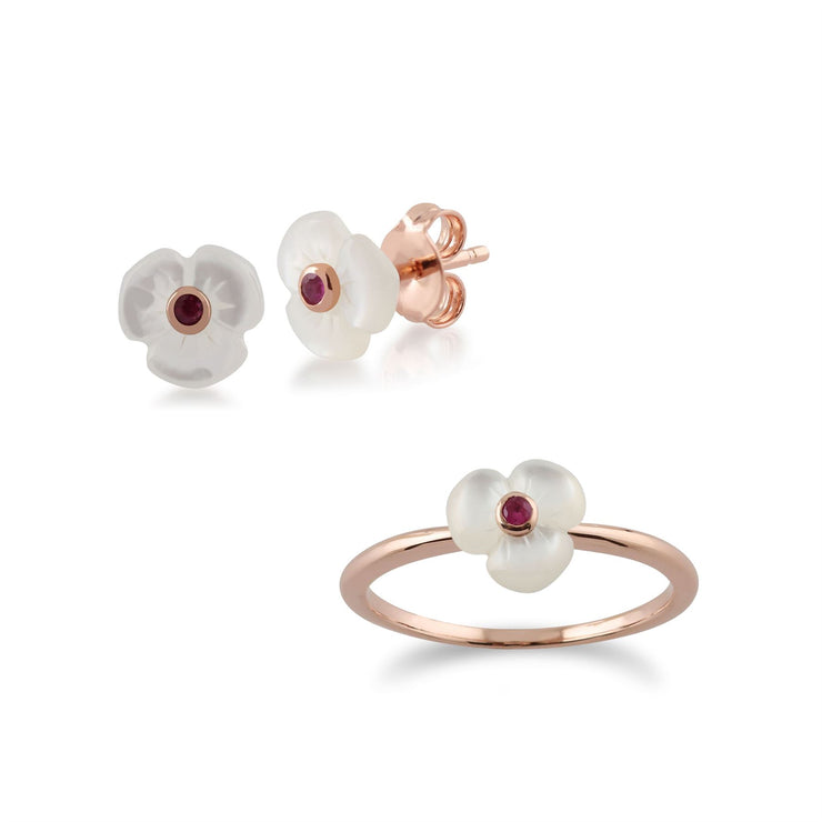 Bague et Boucles d'Oreilles Clou Coquelicot Floral Argent 925 Plaqué Or Rose Rubis Rond et Nacre