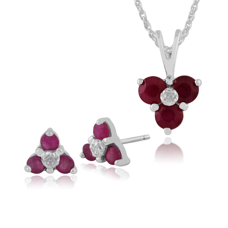 Pendentif et Boucles d'Oreilles Clou Floral Or Blanc 375 Rubis et Diamant Ronds
