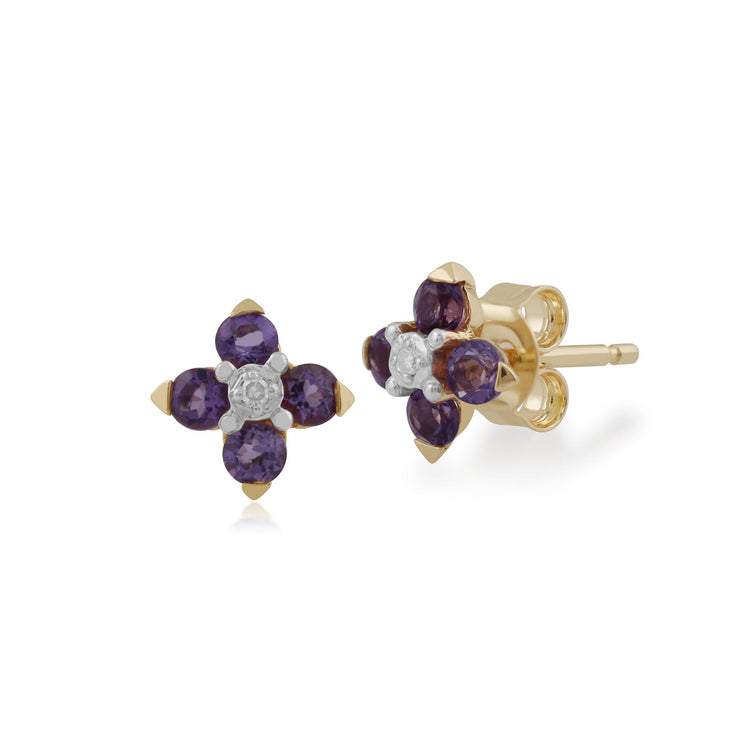 Pendentif et Boucles d'Oreilles Clou Floral Or Jaune 375 Améthyste et Diamant Ruban