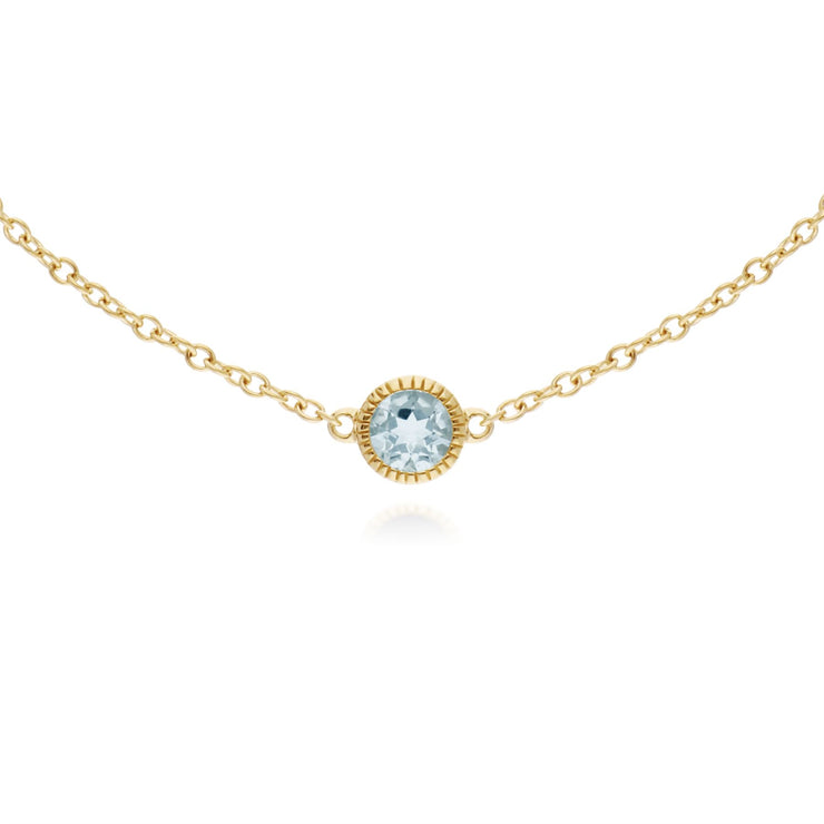 Aigue-Marine Bracelet, 9 CT or Jaune Aigue-Marine Pierre Unique Rond Milgrain 19cm Bracelet