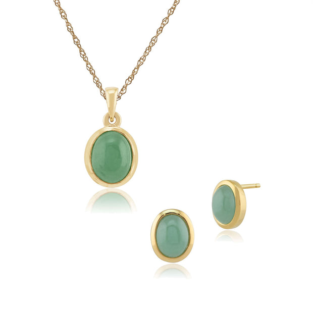 Pendentif et Boucles d'Oreilles Clou Classique Or Jaune 375 Jade Ovale sertis Clos