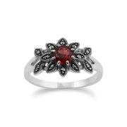 Gemondo Marcassite Bague, en Argent Sterling 925 Floral Art Nouveau Grenade & Marcassite Bague