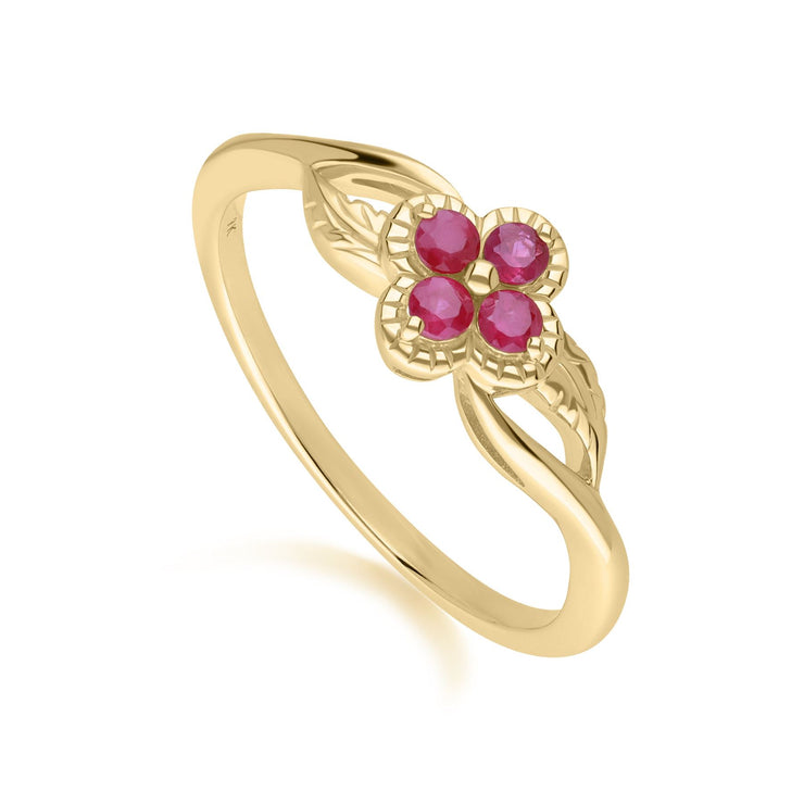 Bague Florale Or Jaune 375 avec rubis ronde