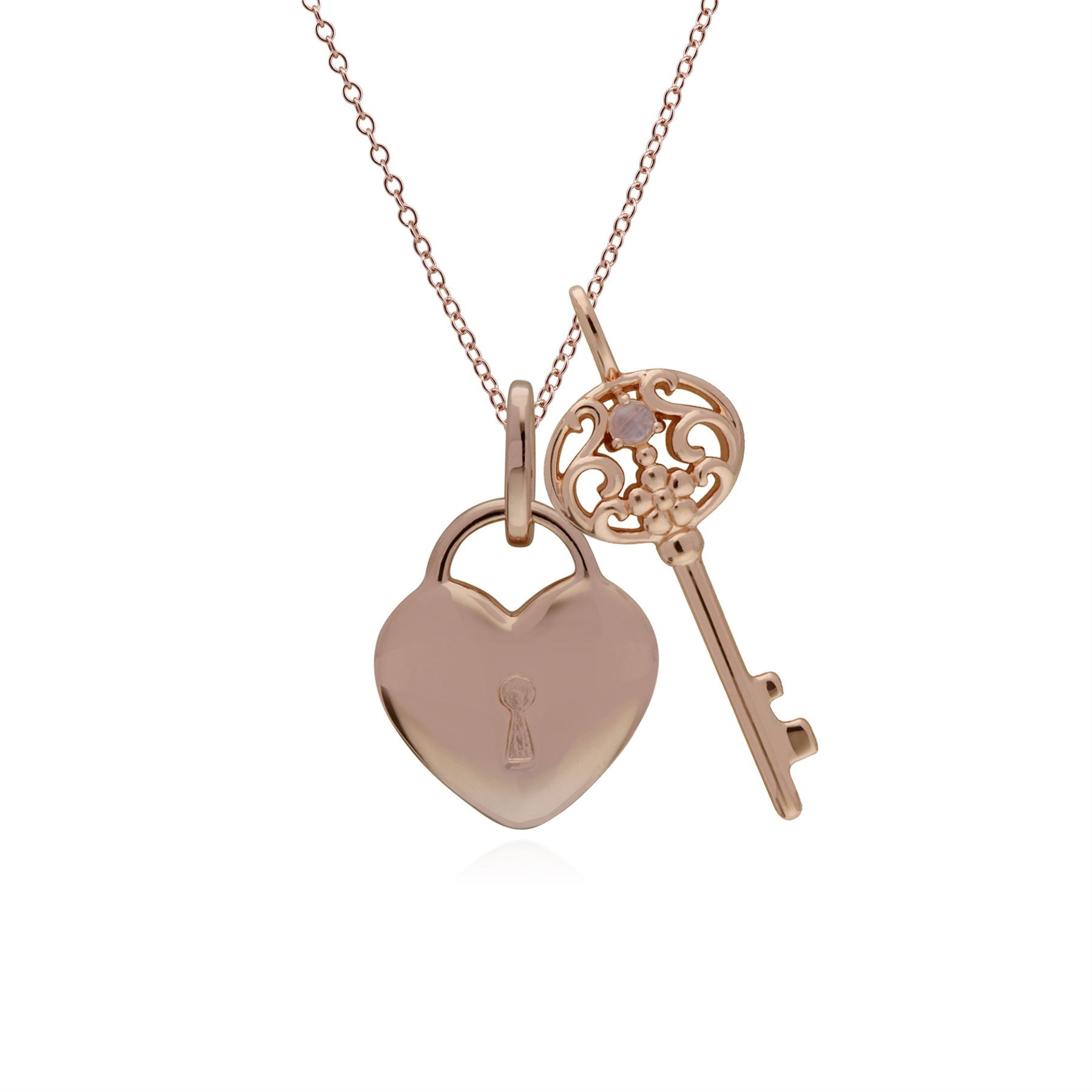 Pendentif Classique Cadenas Cœur Argent 925 Plaqué Or Rose et Charms Grande Clé Pierre de Lune Arc-en-Ciel