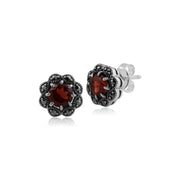 Boucles d'Oreilles Clou Floral Argent 925 Grenat et Marcassite Style Cluster