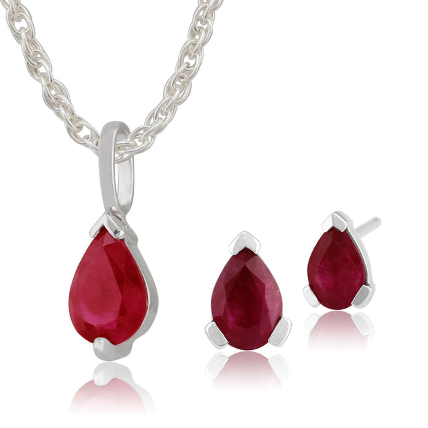 Pendentif et Boucles d'Oreilles Clou Classique Or Blanc 375 Rubis Poire