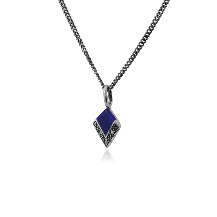 Collier Style Art Déco Argent 925 Lapis Lazuli Cabochon et Marcassite