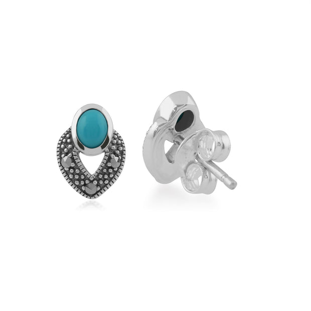 Boucles d'Oreilles Clou Style Art Déco Argent 925 Turquoise Ovale et Marcassite