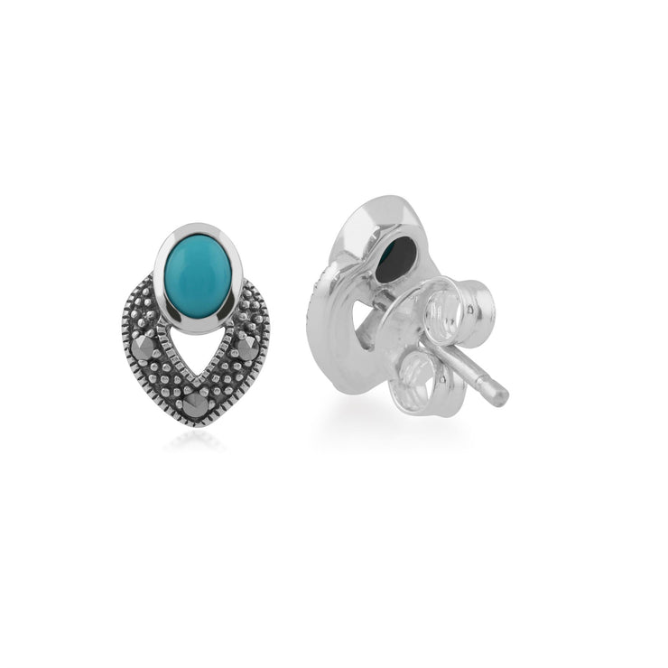 Boucles d'Oreilles Clou Style Art Déco Argent 925 Turquoise Ovale et Marcassite