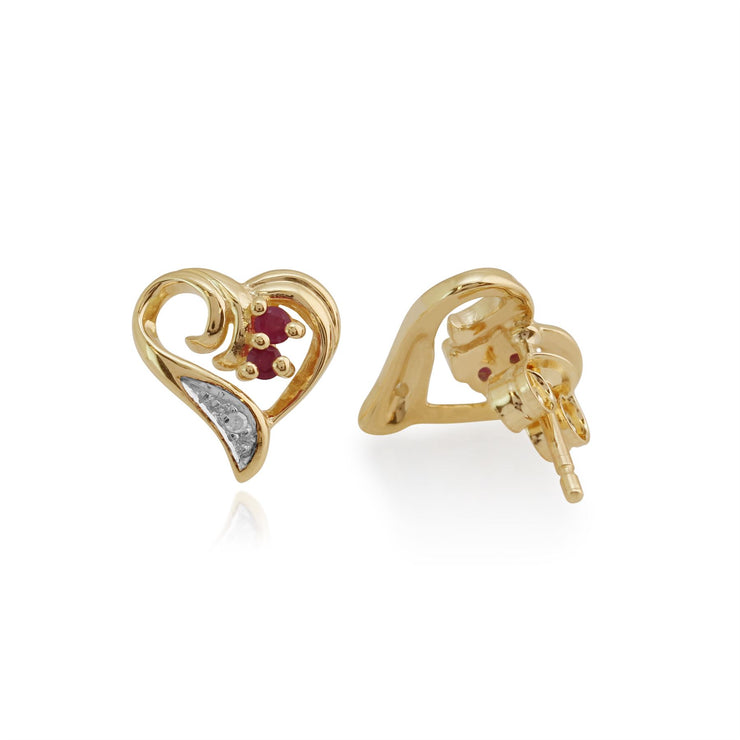 Boucles d'Oreilles Classique Clou Or Jaune 375 Cœur Torsadé Rubis et Diamant