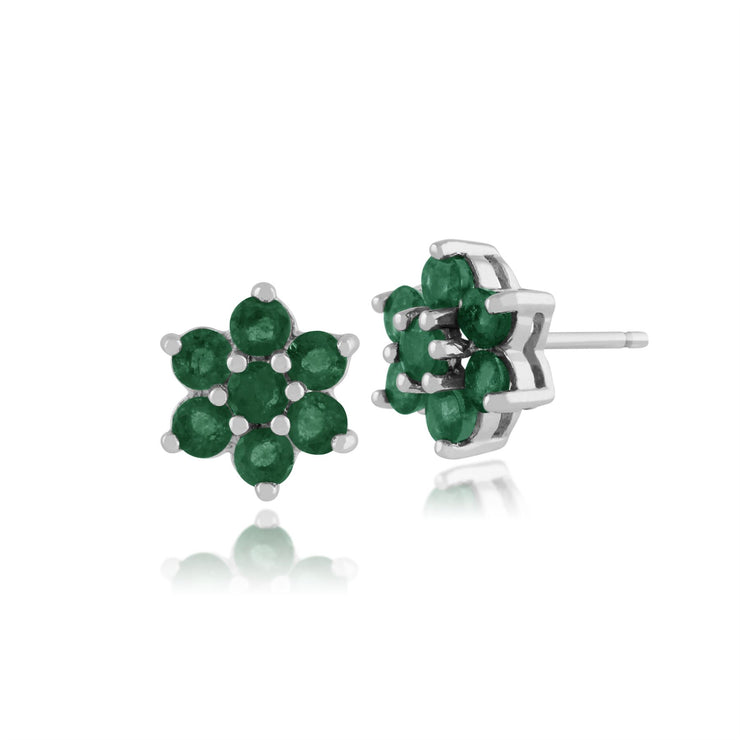 Pendentif et Boucles d'Oreilles Clou Floral Argent 925 Emeraude Cluster