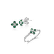 Bague et Boucles d'Oreilles Clou Trèfle Floral Argent 925 Emeraude Ronde