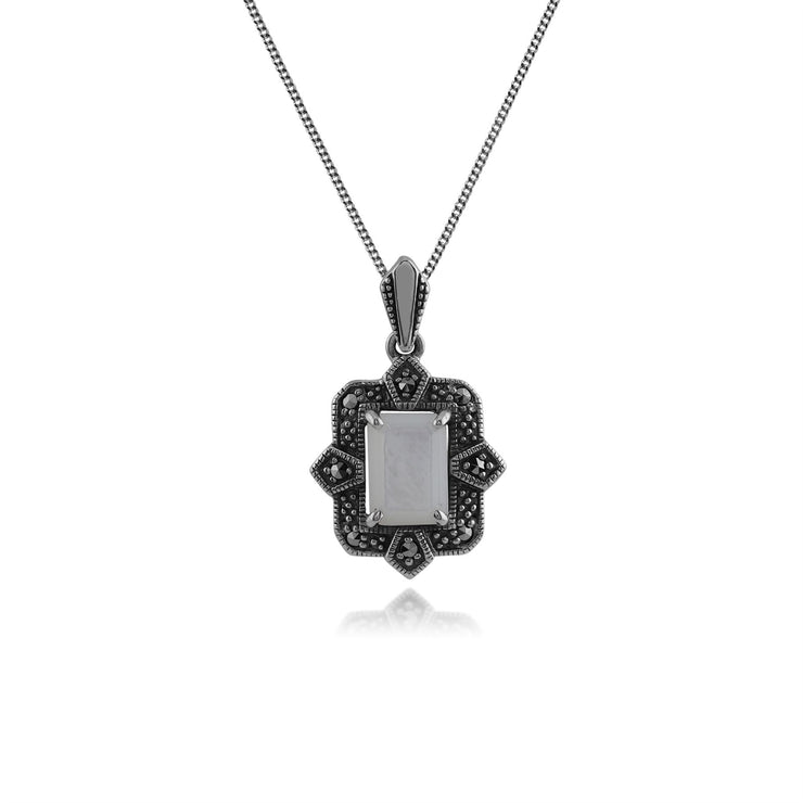 Pendentif et Boucles d'Oreilles Pendantes Style Art Déco Argent 925 Nacre Baguette et Marcassite sertis Clos