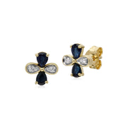 Saphir Boucles D'Oreilles, 9 CT Saphir or Jaune & Diamant Floral Boucles D'Oreilles