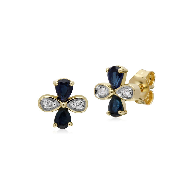 Saphir Boucles D'Oreilles, 9 CT Saphir or Jaune & Diamant Floral Boucles D'Oreilles
