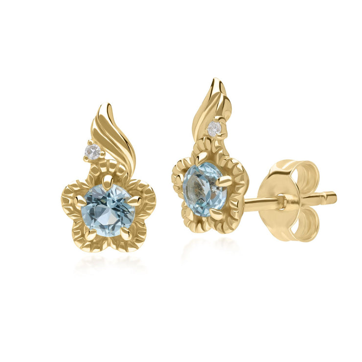 Boucles d'oreilles Floral Or Jaune 375 avec Topaze Bleu et Diamant Ronds