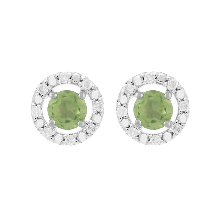 Boucles d'Oreilles Clou Péridot Classique Or Blanc 375 et Ear-Jacket Rond Diamant