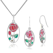 Collier et Boucles d'Oreilles Pendantes Style Rennie Mackintosh Argent 925 Rose de Glasgow Oval Email