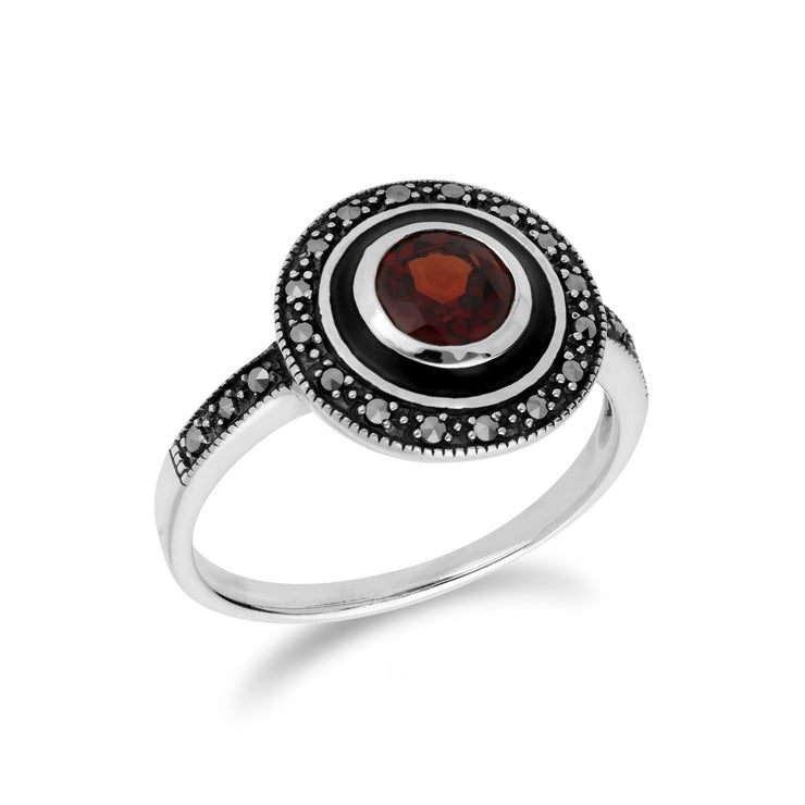 Gemondo Bague Grenat, Argent Marcassite & Grenat &Émail Noir Anneau - Grenat