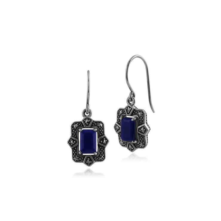 Boucles d'Oreilles Pendantes Octogonales Style Art Déco Argent 925 Lapis Lazuli et Marcassite