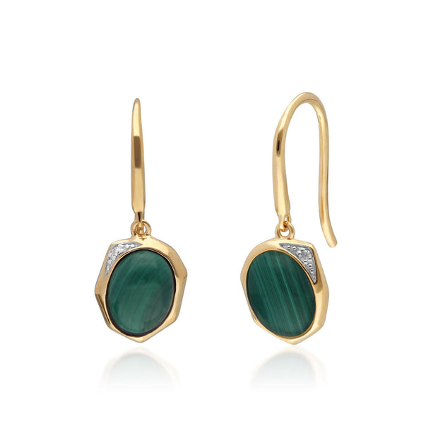 Boucles d'Oreilles Pendantes Irrégulier B Gem Argent 925 Plaqué Or Malachite et Diamant