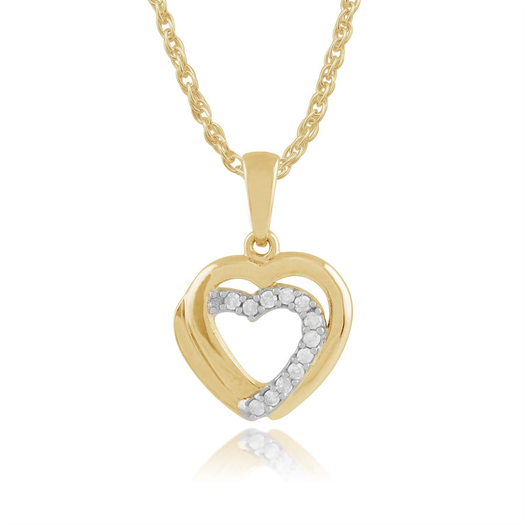 9ct Or Jaune 0.06ct Diamant Coeurs pendentif sur chaîne