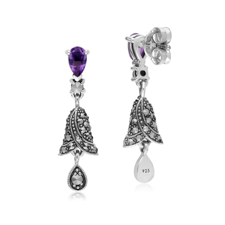 s Argent Sterling Poire Amethyst And Marcassite Clochette Boucles D'Oreilles Goutte