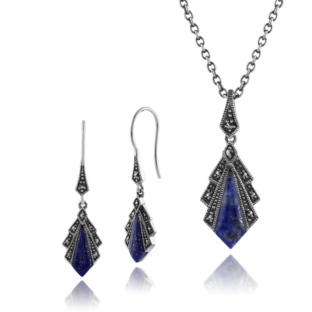 Collier et Boucles d'Oreilles Eventail Pendantes Style Art Déco Argent 925 Lapis Lazuli et Marcassite