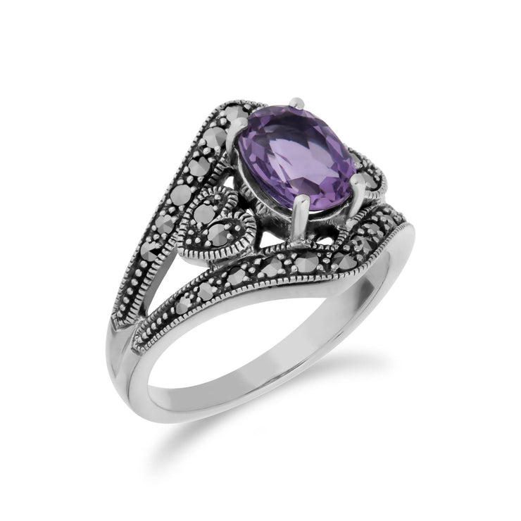 Gemondo Bague Amethyste, Argent Sterling Améthyste & Marcassite Ovale Art Nouveau Bague - Améthyste