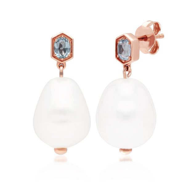 Boucles d'Oreilles  Pendantes Perle Moderne Argent 925 Doré à l'Or Fin Rose Perle Baroque et Topaze Bleue