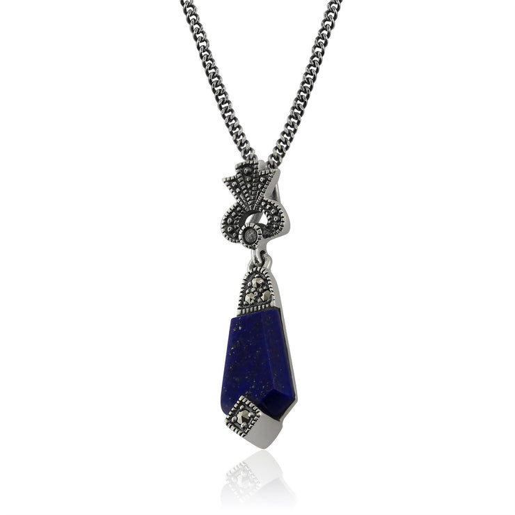 Pendentif Style Art Déco Argent 925 Lapis Lazuli Cabochon et Marcassite