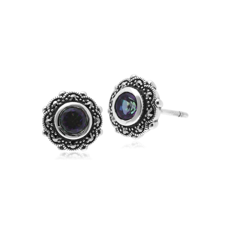 Boucles d'Oreilles Clou Floral Style Art Nouveau Argent 925 Topaze Mystique et marcassite