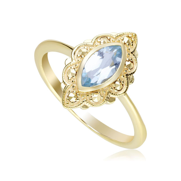 Bague Style Art Nouveau en Argent 925 Doré à l'Or Fin Topaze Bleue Marquise et Marcassite