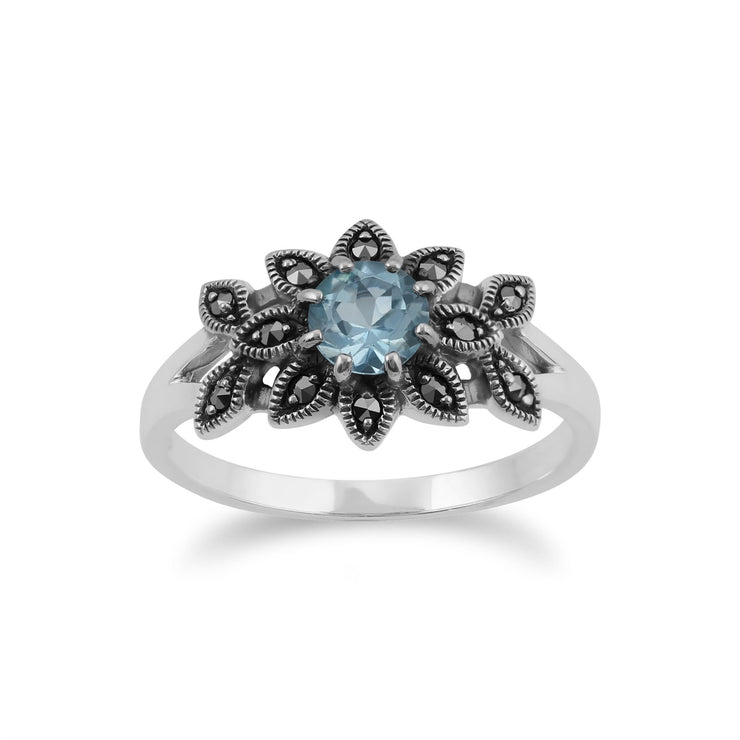 Gemondo Marcassite Bague, en Argent Sterling 925 Floral Art Nouveau Topaze Bleu & Marcassite Bague