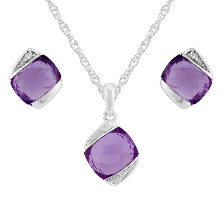 Pendentif et Boucles d'Oreilles Clou Inclinés Classique Argent 925 Améthyste Coussin et Diamant